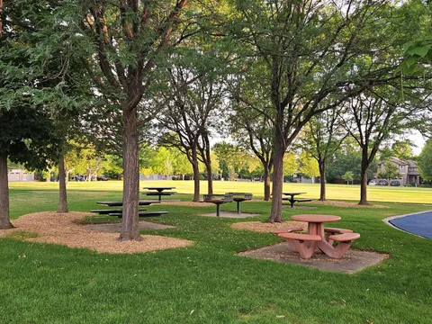 Picnic tables and a grill under the shade trees at Arapahoe Ridge Park, with the lawn and the neighborhood beyond