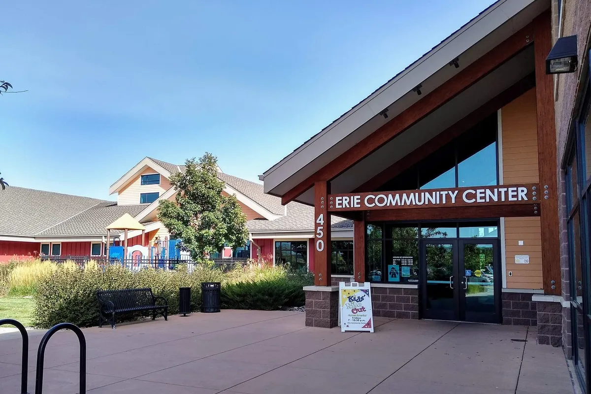 The west entrance of the Erie Community Center, with the playground beyond