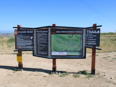 The trailhead kiosk at the Erie Singletrack: the rules, the trail map, and the list of trails from Sage to Pin Cushion.